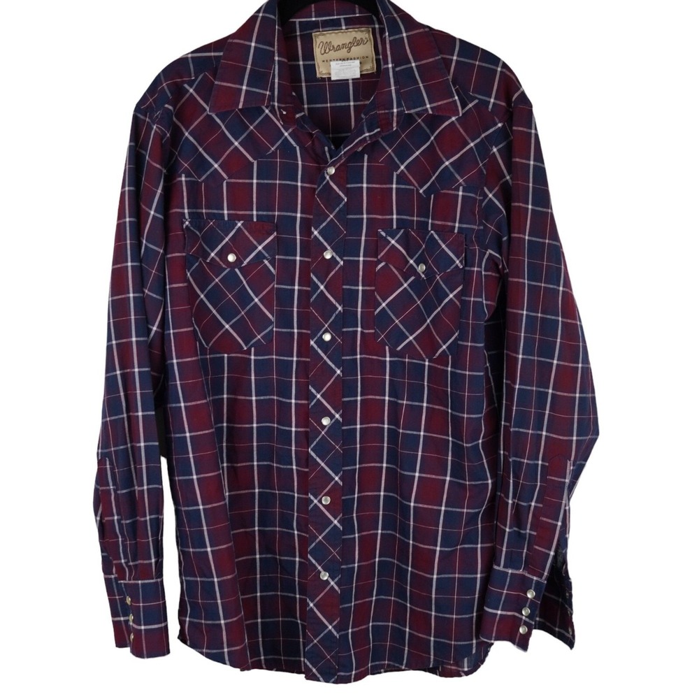 EUC Wrangler Western Pearl Snap Dress Shirt Plaid Long Sleeve Mens M‎